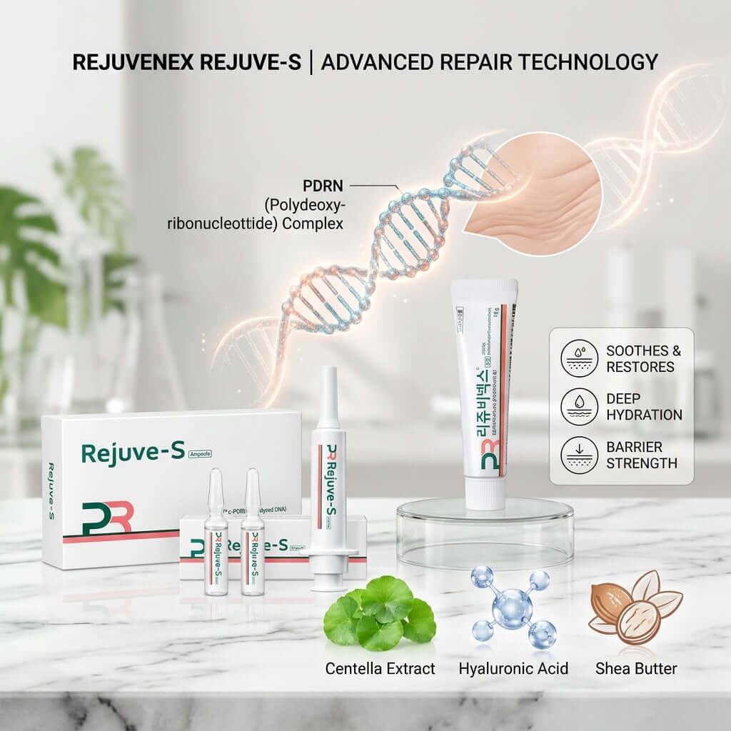 Rejuvenex Rejuve-S PDRN Intensive Repair Ampoule (12mL) with advanced repair technology and skin nurturing ingredients.