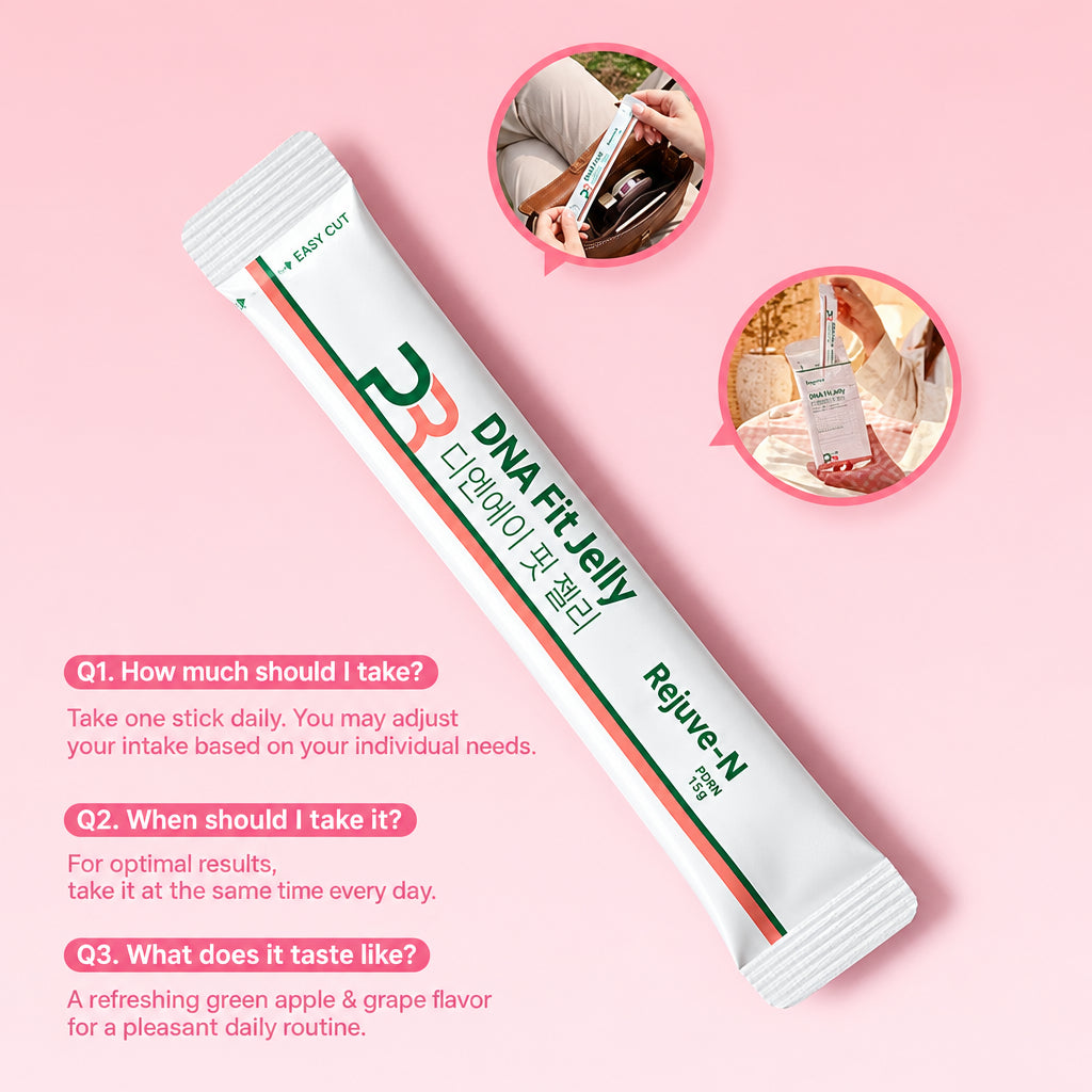 Rejuve-N DNA Fit Jelly, a viral K-beauty edible skincare supplement (1 box/ 14 sticks) with dosage instructions.