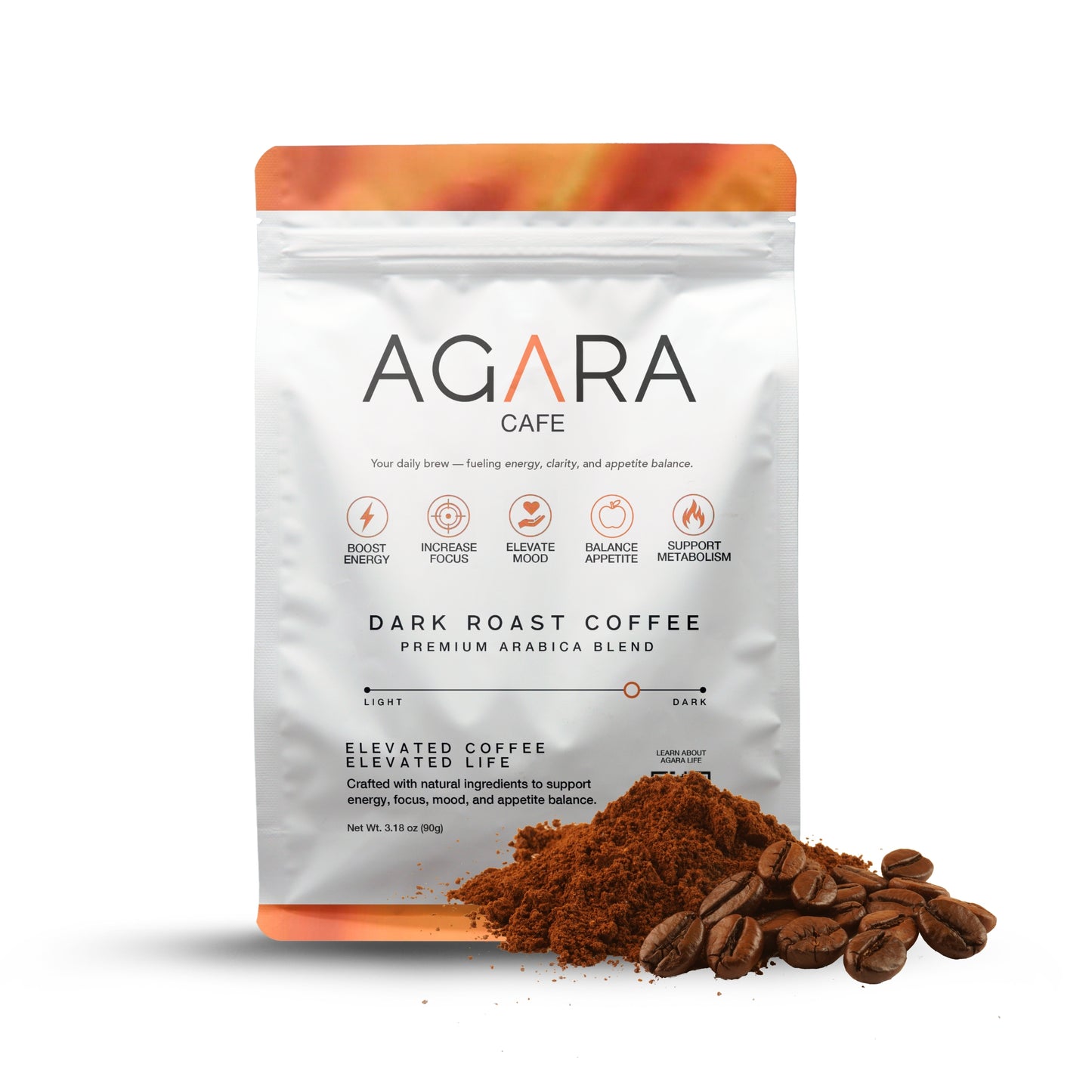 Agara Cafe Premium Dark Roast Coffee – Nootropic & Botanical Blend (Ground, 3.18 oz)