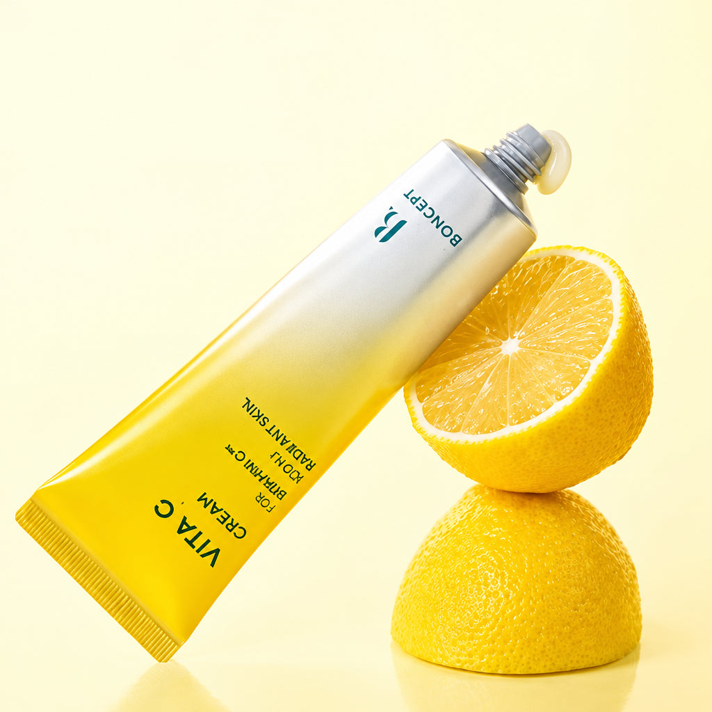 Boncept Vita C Cream (50ml) - Vitamin C & Retinol Radiance Moisturizer with lemon slices on a yellow background.