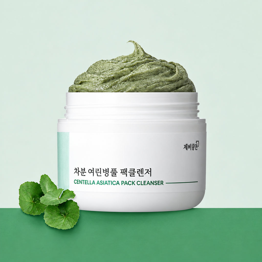 Chaebgonggan Centella Asiatica Pack Cleanser (45g) - 2-in-1 Soothing Mask & Facial Wash in a jar with green texture.