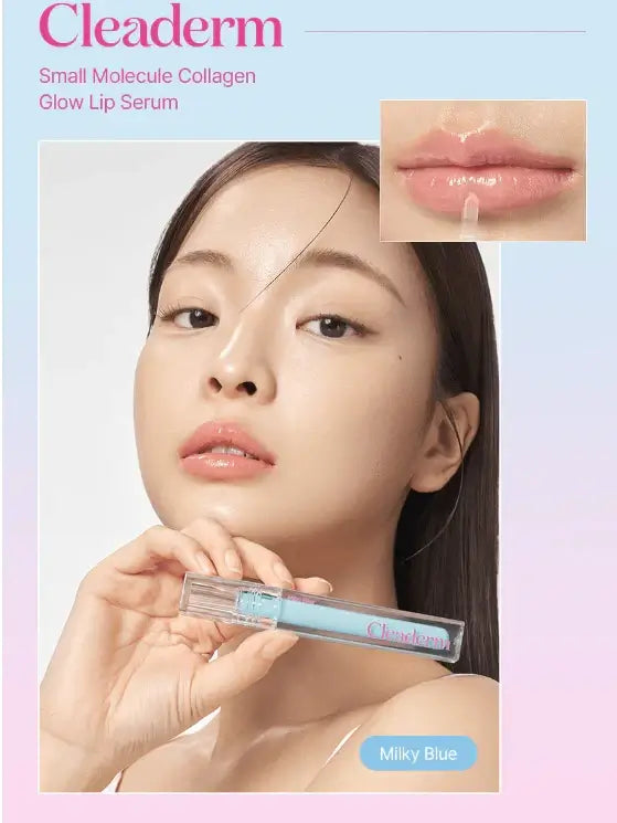 Cleaderm Small Molecule Collagen Glow Lip Serum - Plumping & Hydrating Lip Treatment with model and product swatch.