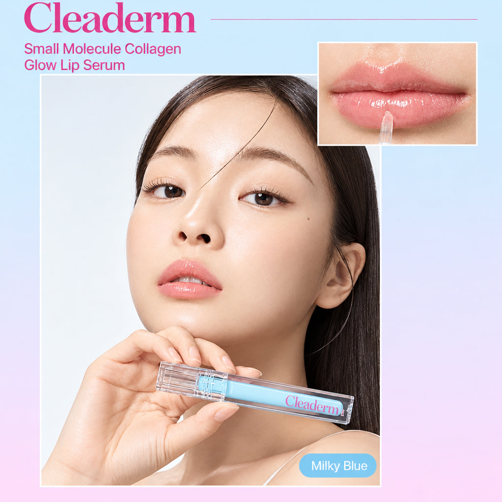 Cleaderm Small Molecule Collagen Glow Lip Serum - Plumping & Hydrating Lip Treatment with model and product swatch.