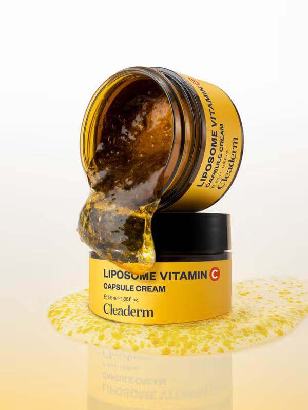 Cleaderm Liposome Vitamin C Capsule Cream (55ml) - Brightening & Firming Moisturizer with spilled golden cream.