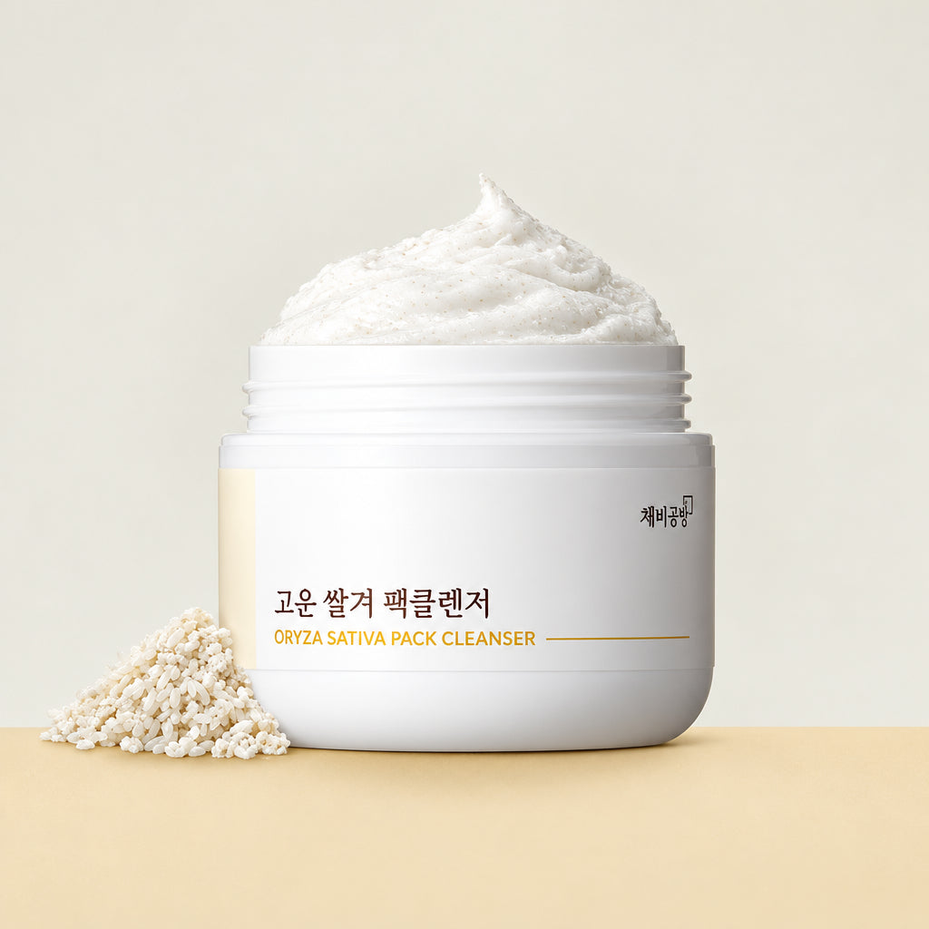 Chaebgonggan Oryza Sativa Pack Cleanser (45g) - 2-in-1 Rice Mask & Brightening Facial Wash in a white jar with rice grains.